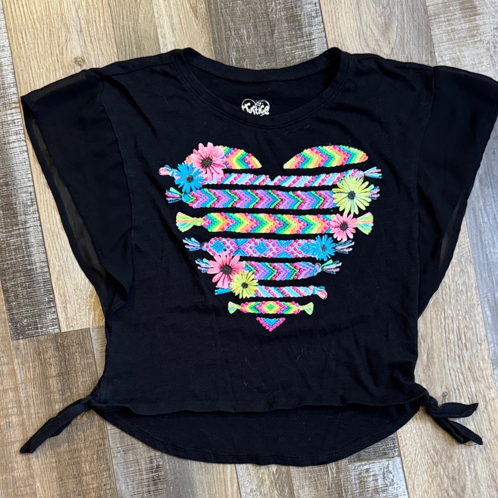 Justice Black Short-Sleeve Tee with Neon Rainbow Heart & Floral Embroidery